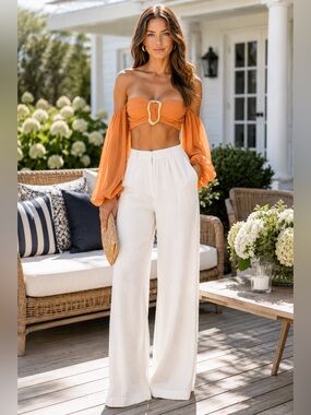 MICHAEL COSTELLO x REVOLVE Ruched Buckle Crop Top | Apricot | Size Small | NWOT